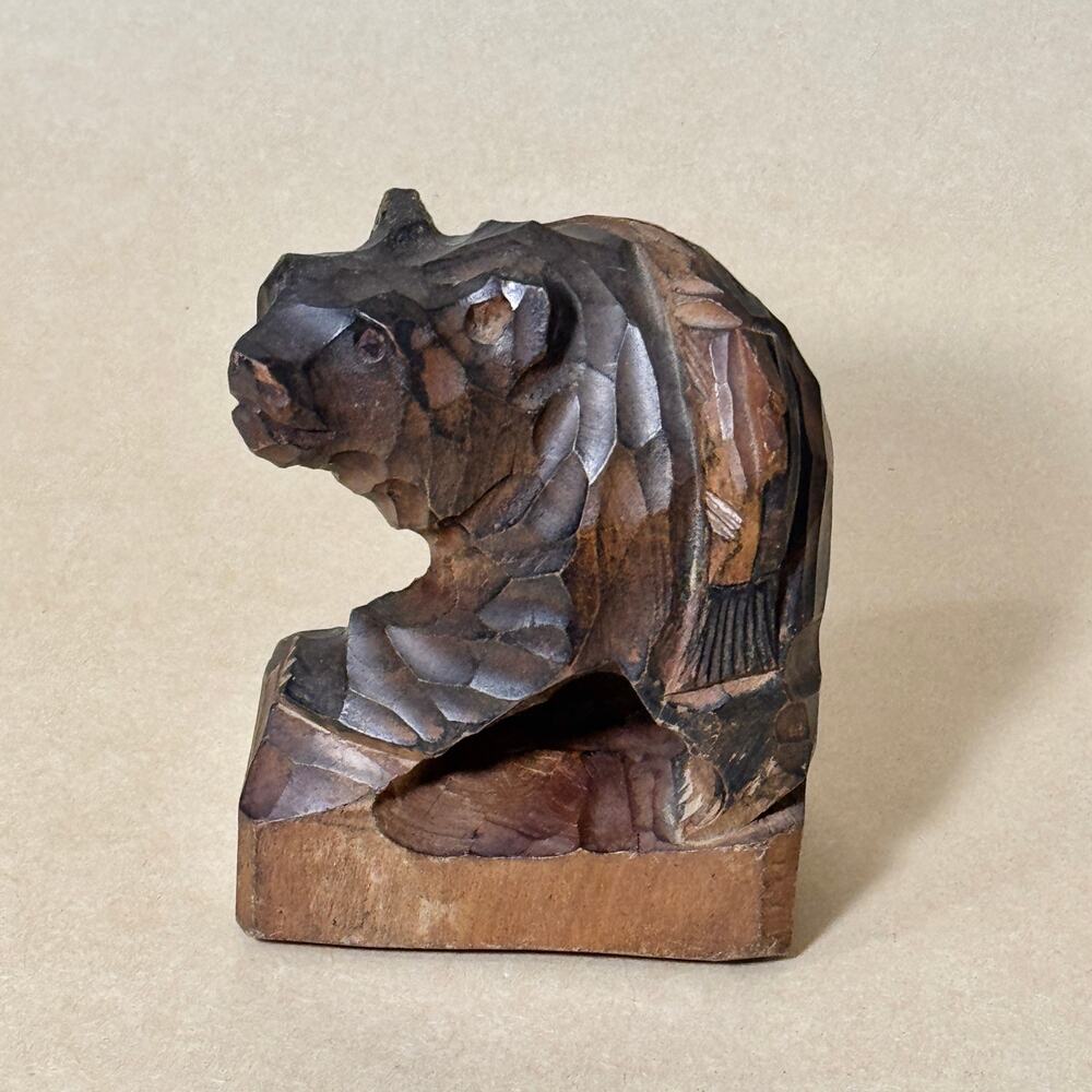 Small Vintage Rustic Bear Figurine Japanese Hand Carved Wood Kibori Decor Signed